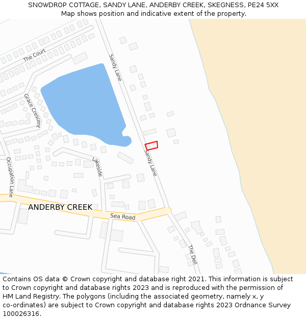 SNOWDROP COTTAGE, SANDY LANE, ANDERBY CREEK, SKEGNESS, PE24 5XX: Location map and indicative extent of plot