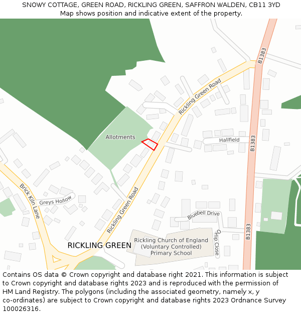 SNOWY COTTAGE, GREEN ROAD, RICKLING GREEN, SAFFRON WALDEN, CB11 3YD: Location map and indicative extent of plot