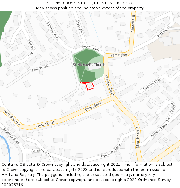 SOLVIA, CROSS STREET, HELSTON, TR13 8NQ: Location map and indicative extent of plot