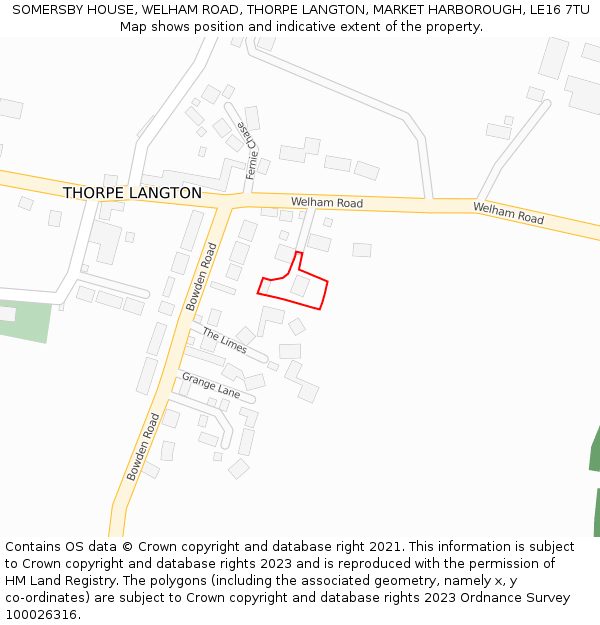 SOMERSBY HOUSE, WELHAM ROAD, THORPE LANGTON, MARKET HARBOROUGH, LE16 7TU: Location map and indicative extent of plot