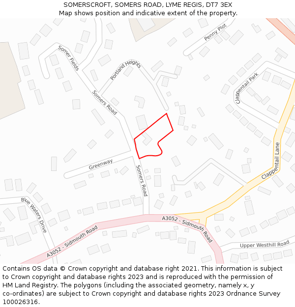 SOMERSCROFT, SOMERS ROAD, LYME REGIS, DT7 3EX: Location map and indicative extent of plot