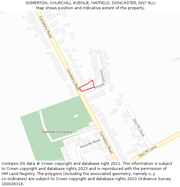 SOMERTON, CHURCHILL AVENUE, HATFIELD, DONCASTER, DN7 6LU: Location map and indicative extent of plot