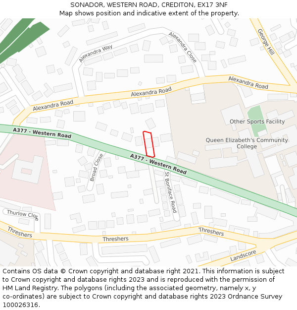 SONADOR, WESTERN ROAD, CREDITON, EX17 3NF: Location map and indicative extent of plot