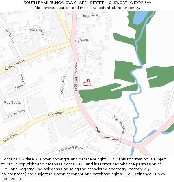 SOUTH BANK BUNGALOW, CHAPEL STREET, HOLSWORTHY, EX22 6AY: Location map and indicative extent of plot