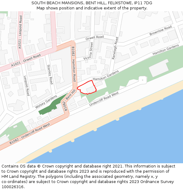 SOUTH BEACH MANSIONS, BENT HILL, FELIXSTOWE, IP11 7DG: Location map and indicative extent of plot
