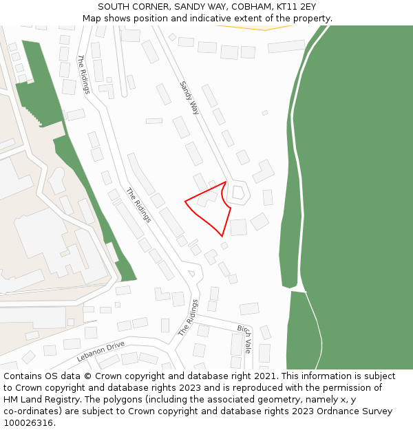 SOUTH CORNER, SANDY WAY, COBHAM, KT11 2EY: Location map and indicative extent of plot