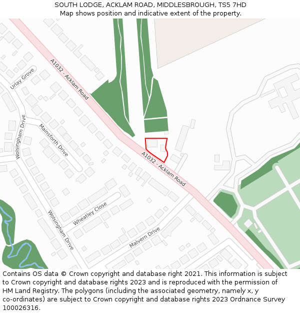 SOUTH LODGE, ACKLAM ROAD, MIDDLESBROUGH, TS5 7HD: Location map and indicative extent of plot