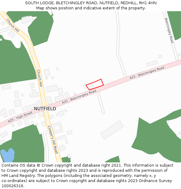 SOUTH LODGE, BLETCHINGLEY ROAD, NUTFIELD, REDHILL, RH1 4HN: Location map and indicative extent of plot