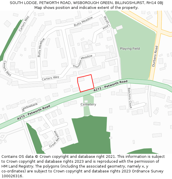 SOUTH LODGE, PETWORTH ROAD, WISBOROUGH GREEN, BILLINGSHURST, RH14 0BJ: Location map and indicative extent of plot