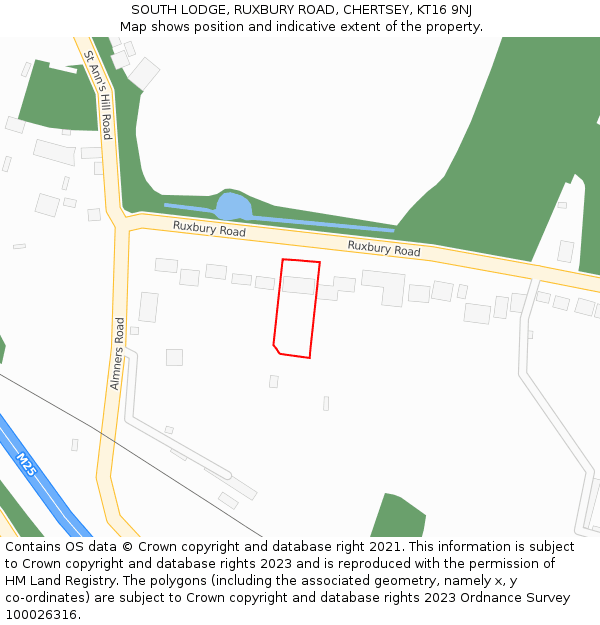 SOUTH LODGE, RUXBURY ROAD, CHERTSEY, KT16 9NJ: Location map and indicative extent of plot