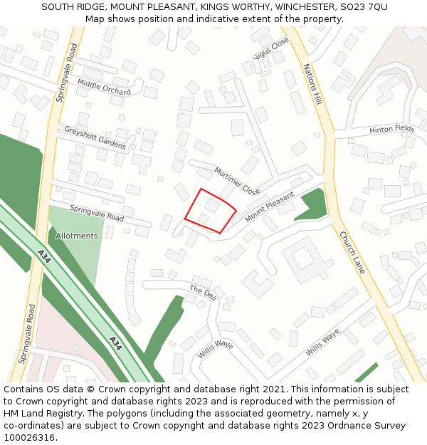 SOUTH RIDGE, MOUNT PLEASANT, KINGS WORTHY, WINCHESTER, SO23 7QU: Location map and indicative extent of plot