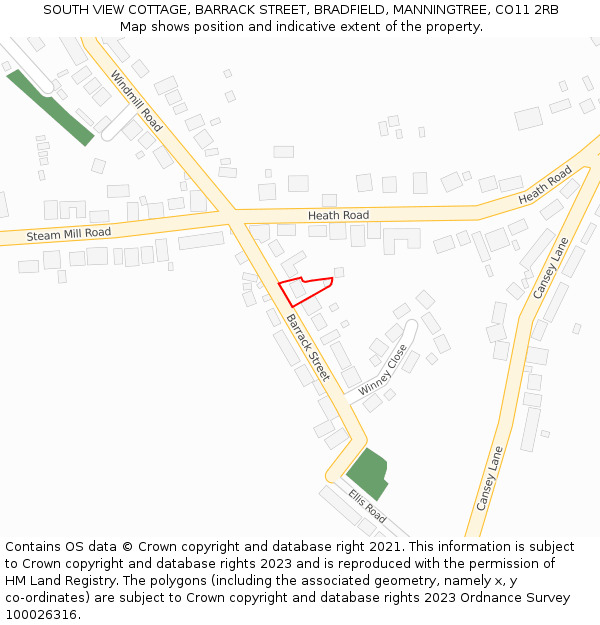 SOUTH VIEW COTTAGE, BARRACK STREET, BRADFIELD, MANNINGTREE, CO11 2RB: Location map and indicative extent of plot