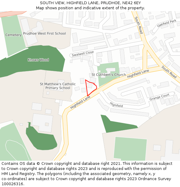 SOUTH VIEW, HIGHFIELD LANE, PRUDHOE, NE42 6EY: Location map and indicative extent of plot
