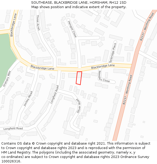 SOUTHEASE, BLACKBRIDGE LANE, HORSHAM, RH12 1SD: Location map and indicative extent of plot