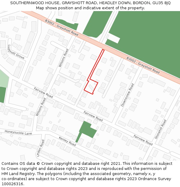 SOUTHERNWOOD HOUSE, GRAYSHOTT ROAD, HEADLEY DOWN, BORDON, GU35 8JQ: Location map and indicative extent of plot