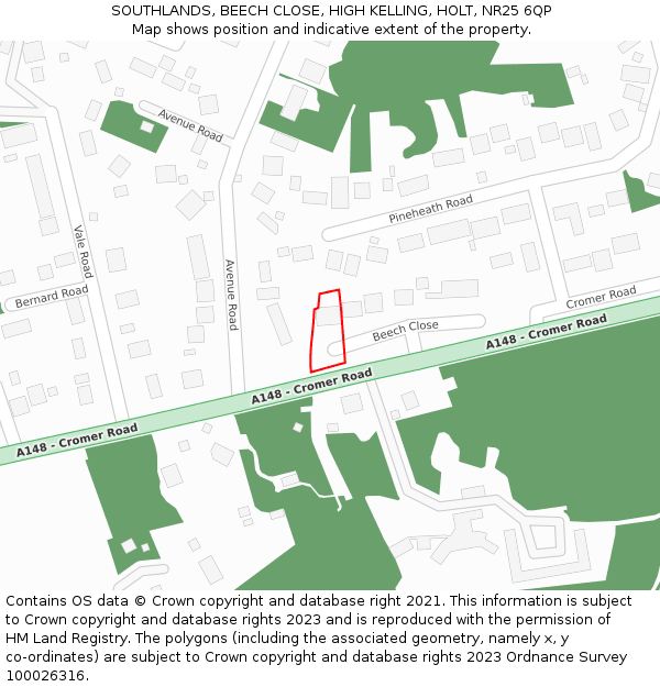 SOUTHLANDS, BEECH CLOSE, HIGH KELLING, HOLT, NR25 6QP: Location map and indicative extent of plot