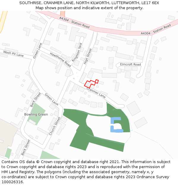 SOUTHRISE, CRANMER LANE, NORTH KILWORTH, LUTTERWORTH, LE17 6EX: Location map and indicative extent of plot