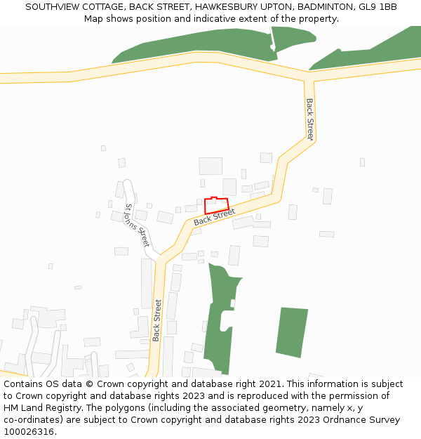 SOUTHVIEW COTTAGE, BACK STREET, HAWKESBURY UPTON, BADMINTON, GL9 1BB: Location map and indicative extent of plot