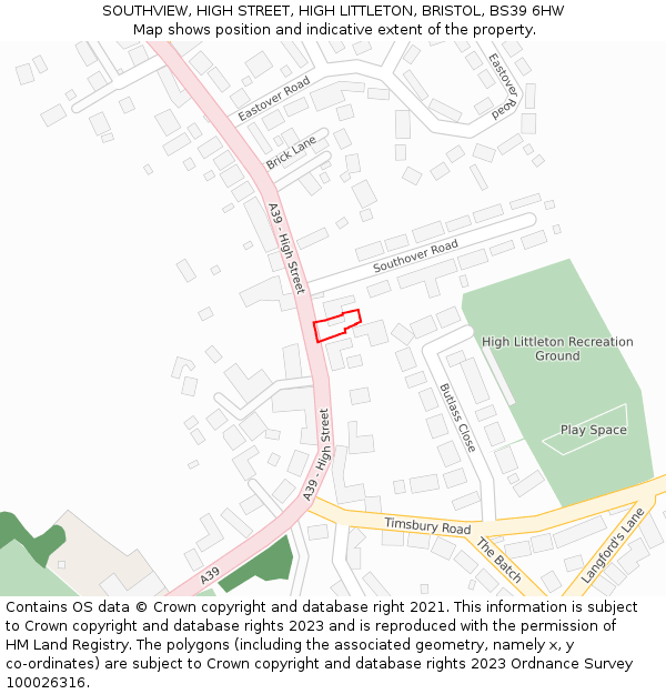 SOUTHVIEW, HIGH STREET, HIGH LITTLETON, BRISTOL, BS39 6HW: Location map and indicative extent of plot