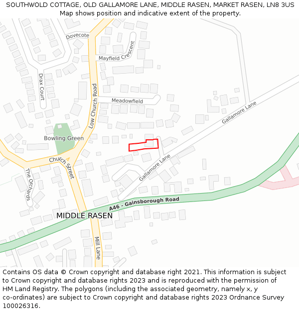 SOUTHWOLD COTTAGE, OLD GALLAMORE LANE, MIDDLE RASEN, MARKET RASEN, LN8 3US: Location map and indicative extent of plot