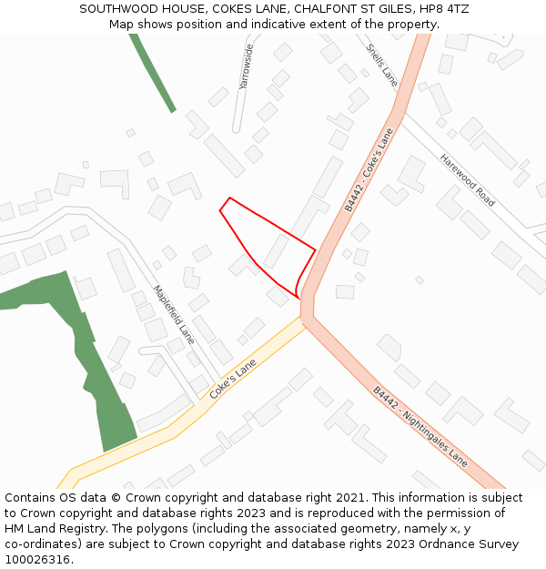 SOUTHWOOD HOUSE, COKES LANE, CHALFONT ST GILES, HP8 4TZ: Location map and indicative extent of plot