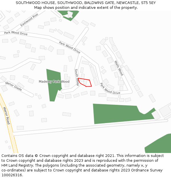 SOUTHWOOD HOUSE, SOUTHWOOD, BALDWINS GATE, NEWCASTLE, ST5 5EY: Location map and indicative extent of plot