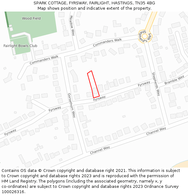 SPARK COTTAGE, FYRSWAY, FAIRLIGHT, HASTINGS, TN35 4BG: Location map and indicative extent of plot