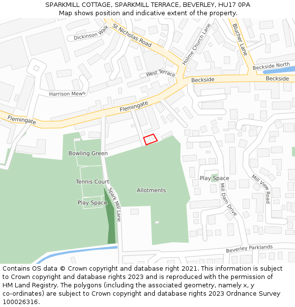 SPARKMILL COTTAGE, SPARKMILL TERRACE, BEVERLEY, HU17 0PA: Location map and indicative extent of plot