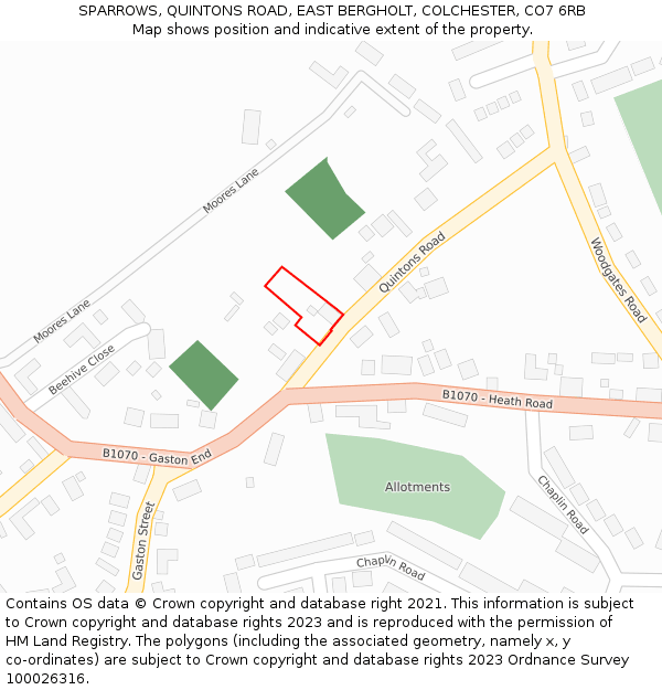 SPARROWS, QUINTONS ROAD, EAST BERGHOLT, COLCHESTER, CO7 6RB: Location map and indicative extent of plot