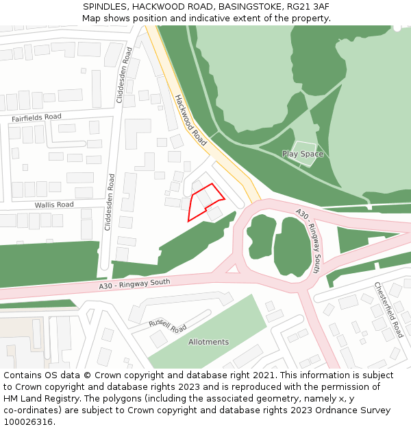 SPINDLES, HACKWOOD ROAD, BASINGSTOKE, RG21 3AF: Location map and indicative extent of plot