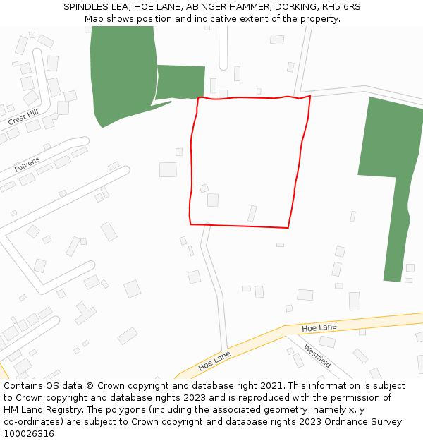 SPINDLES LEA, HOE LANE, ABINGER HAMMER, DORKING, RH5 6RS: Location map and indicative extent of plot
