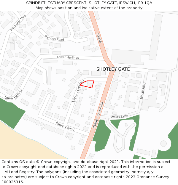 SPINDRIFT, ESTUARY CRESCENT, SHOTLEY GATE, IPSWICH, IP9 1QA: Location map and indicative extent of plot