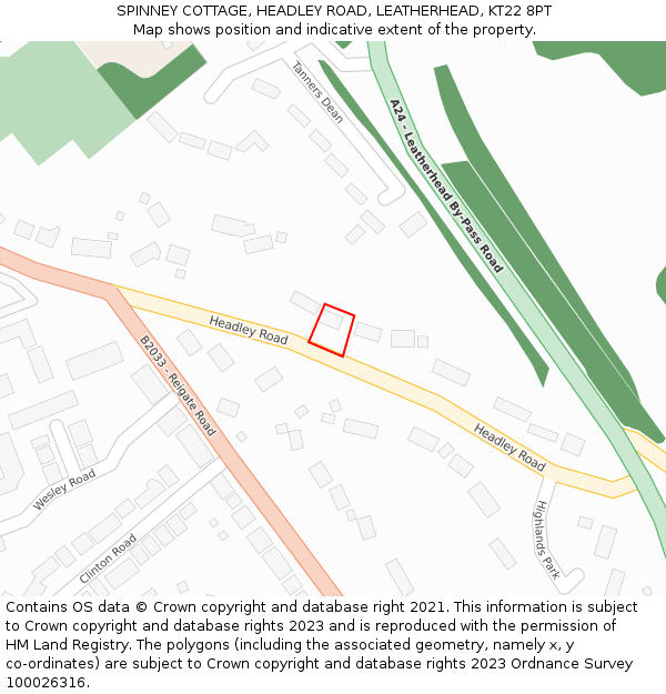 SPINNEY COTTAGE, HEADLEY ROAD, LEATHERHEAD, KT22 8PT: Location map and indicative extent of plot