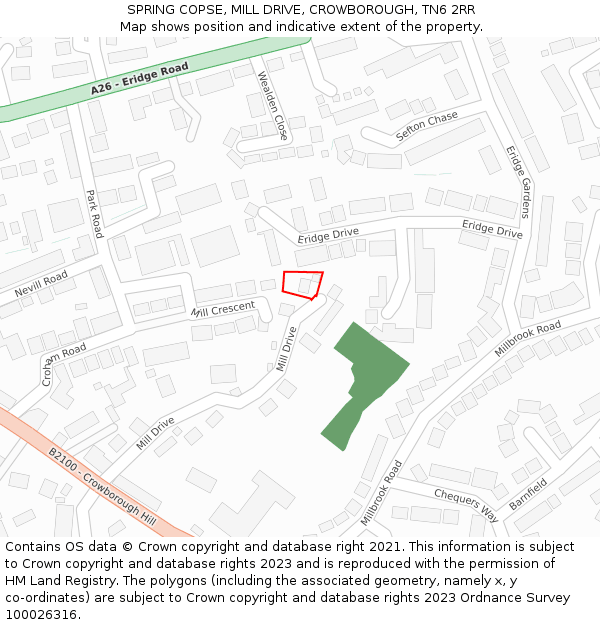 SPRING COPSE, MILL DRIVE, CROWBOROUGH, TN6 2RR: Location map and indicative extent of plot