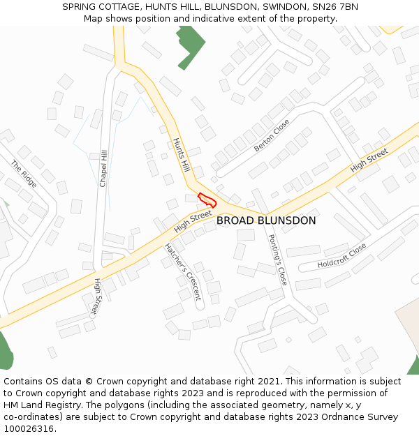 SPRING COTTAGE, HUNTS HILL, BLUNSDON, SWINDON, SN26 7BN: Location map and indicative extent of plot