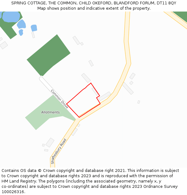 SPRING COTTAGE, THE COMMON, CHILD OKEFORD, BLANDFORD FORUM, DT11 8QY: Location map and indicative extent of plot