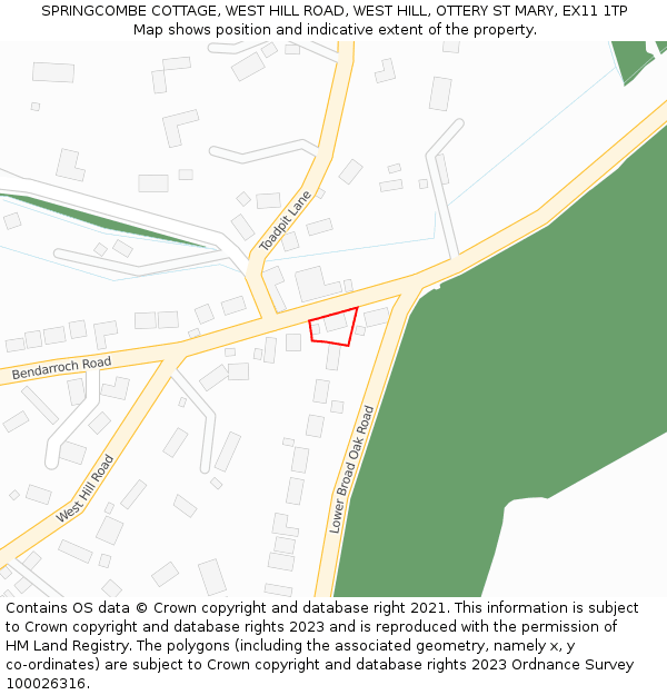 SPRINGCOMBE COTTAGE, WEST HILL ROAD, WEST HILL, OTTERY ST MARY, EX11 1TP: Location map and indicative extent of plot