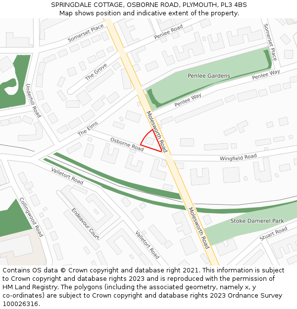 SPRINGDALE COTTAGE, OSBORNE ROAD, PLYMOUTH, PL3 4BS: Location map and indicative extent of plot