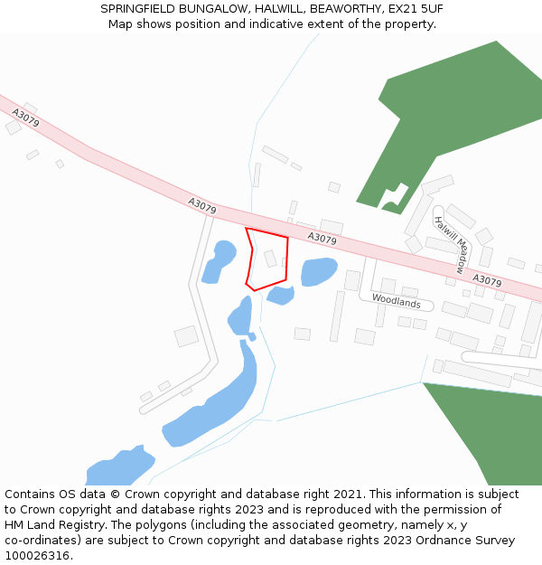 SPRINGFIELD BUNGALOW, HALWILL, BEAWORTHY, EX21 5UF: Location map and indicative extent of plot