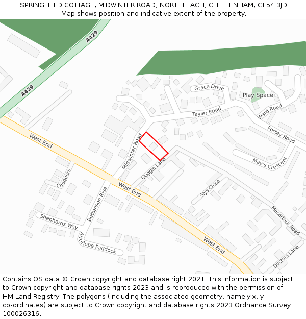 SPRINGFIELD COTTAGE, MIDWINTER ROAD, NORTHLEACH, CHELTENHAM, GL54 3JD: Location map and indicative extent of plot