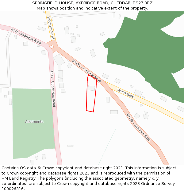 SPRINGFIELD HOUSE, AXBRIDGE ROAD, CHEDDAR, BS27 3BZ: Location map and indicative extent of plot