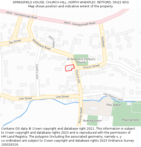 SPRINGFIELD HOUSE, CHURCH HILL, NORTH WHEATLEY, RETFORD, DN22 9DG: Location map and indicative extent of plot