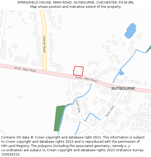 SPRINGFIELD HOUSE, MAIN ROAD, NUTBOURNE, CHICHESTER, PO18 8RL: Location map and indicative extent of plot