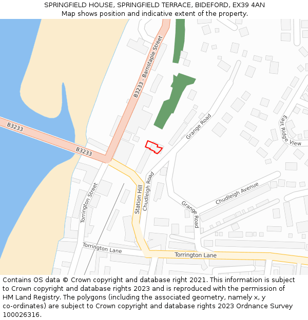 SPRINGFIELD HOUSE, SPRINGFIELD TERRACE, BIDEFORD, EX39 4AN: Location map and indicative extent of plot