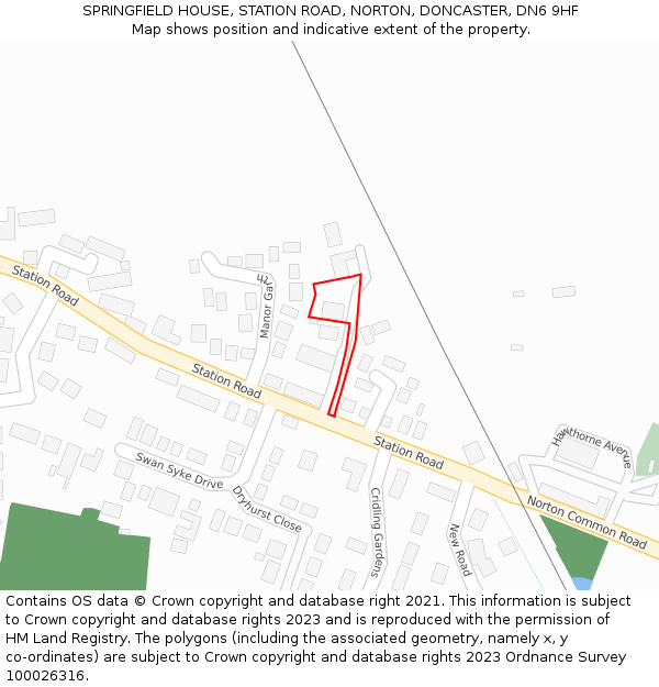 SPRINGFIELD HOUSE, STATION ROAD, NORTON, DONCASTER, DN6 9HF: Location map and indicative extent of plot