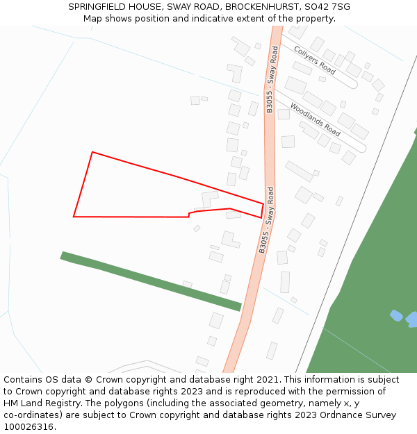SPRINGFIELD HOUSE, SWAY ROAD, BROCKENHURST, SO42 7SG: Location map and indicative extent of plot