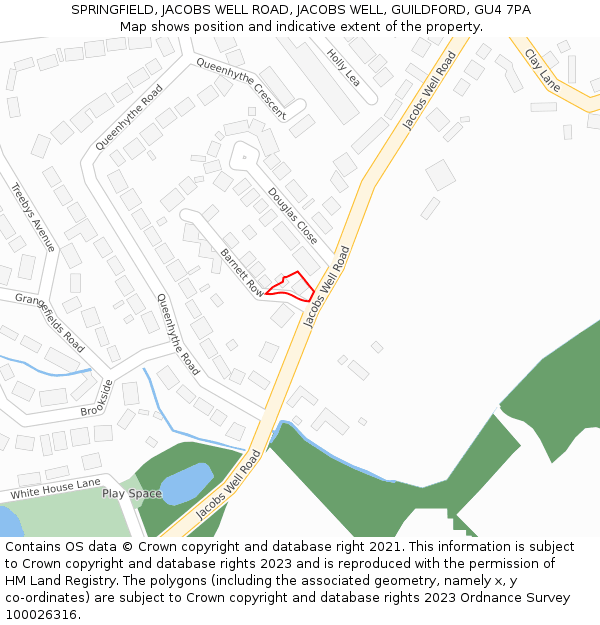 SPRINGFIELD, JACOBS WELL ROAD, JACOBS WELL, GUILDFORD, GU4 7PA: Location map and indicative extent of plot