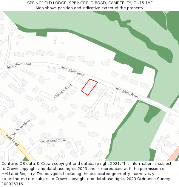 SPRINGFIELD LODGE, SPRINGFIELD ROAD, CAMBERLEY, GU15 1AE: Location map and indicative extent of plot