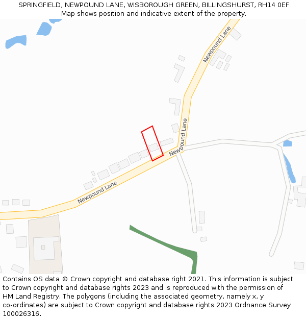 SPRINGFIELD, NEWPOUND LANE, WISBOROUGH GREEN, BILLINGSHURST, RH14 0EF: Location map and indicative extent of plot