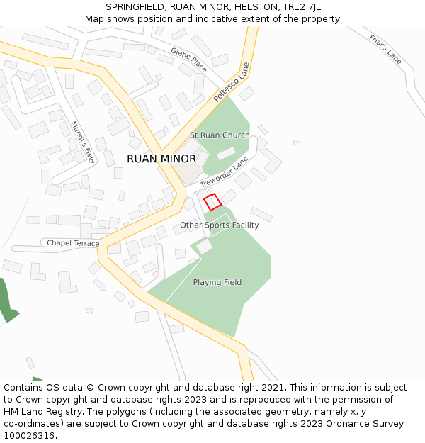SPRINGFIELD, RUAN MINOR, HELSTON, TR12 7JL: Location map and indicative extent of plot